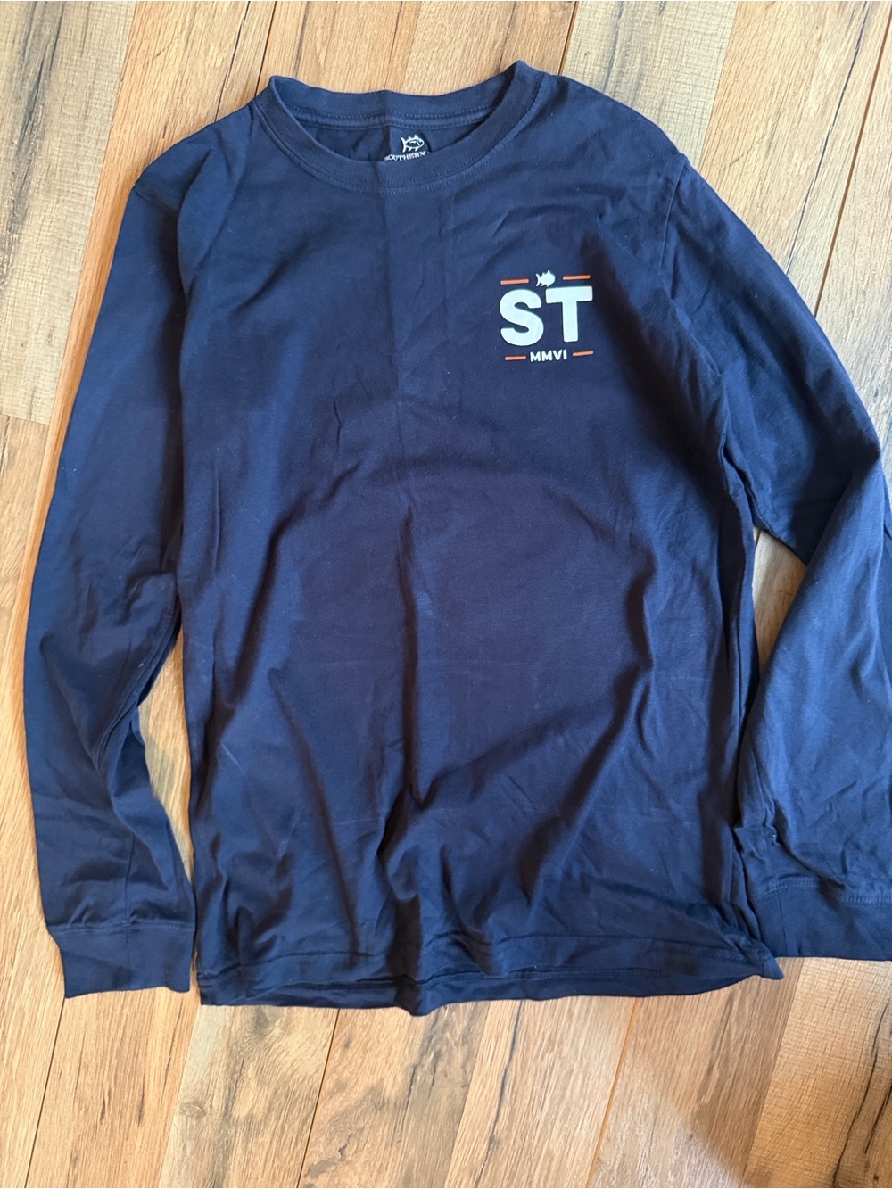 Southern Tide Navy Long Sleeve Tee with White and Orange ST Logo